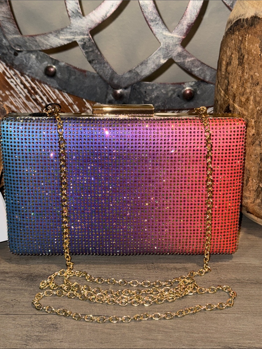 Kurt Geiger Rainbow Ombre Crystal Minaudière with Gold Chain